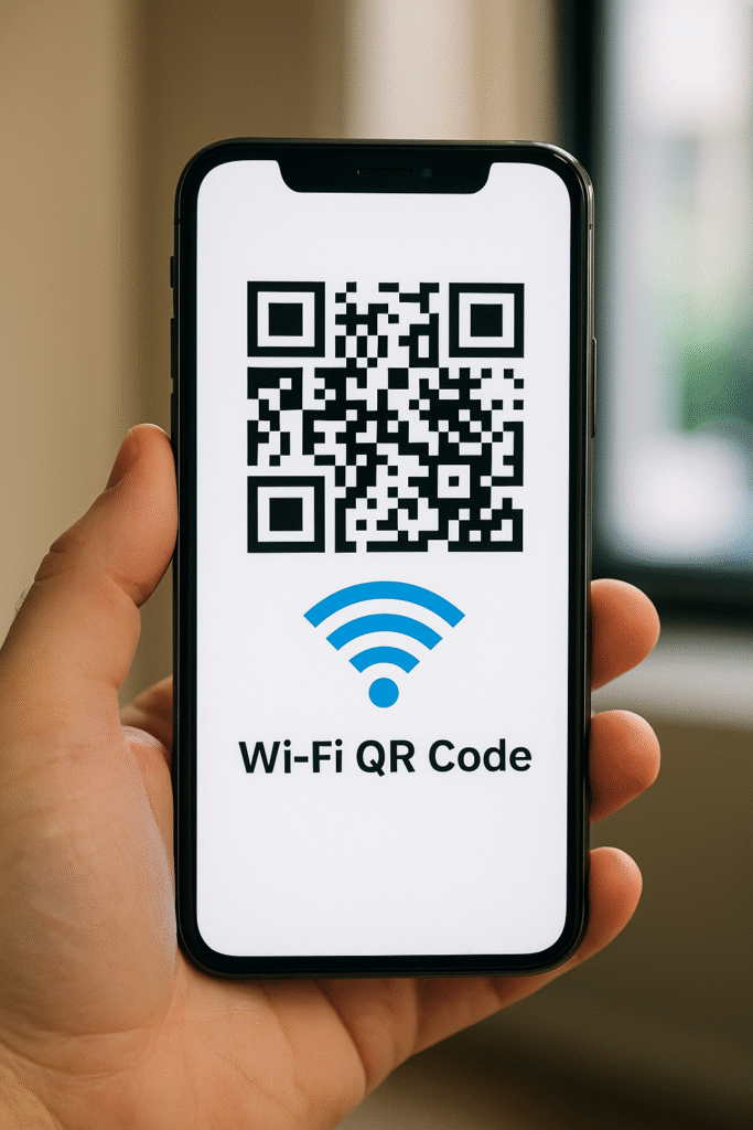 Photographie d’un smartphone tenu dans une main, affichant un QR code WiFi clair sur un écran lumineux, avec un fond flou en intérieur.