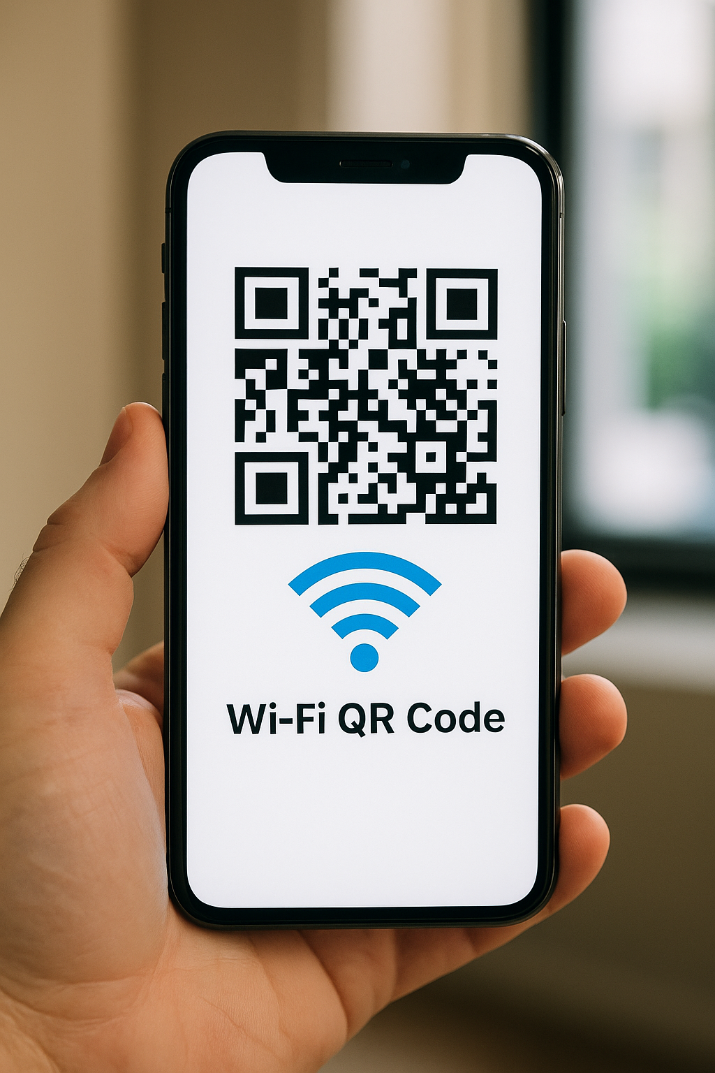 Fotografia realistica di uno smartphone che mostra un codice QR WiFi su uno sfondo sfocato e luminoso.
