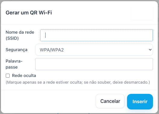 Janela pop-up mostrando os campos de nome da rede WiFi, senha e tipo de segurança antes de gerar o código QR.