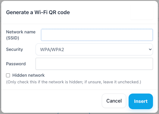 Popup window showing input fields for WiFi network name, password, and security type before generating the QR code.