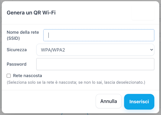Finestra popup che mostra i campi di inserimento per il nome della rete WiFi, la password e il tipo di sicurezza prima di generare il codice QR.