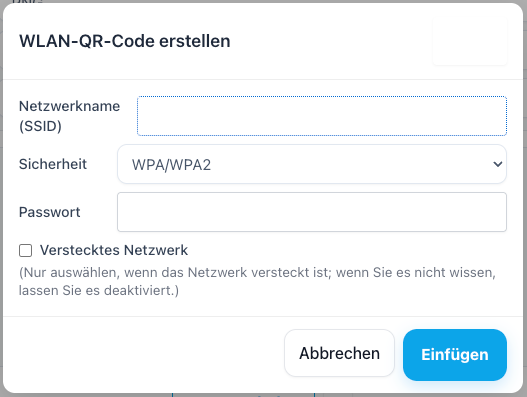 Popup-Fenster mit Eingabefeldern fĂŒr WLAN-Name, Passwort und Sicherheitstyp vor der Generierung des QR-Codes.