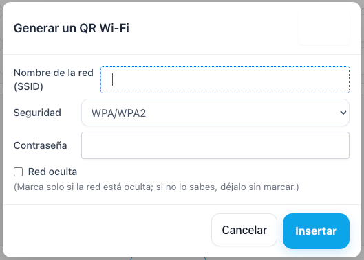 Ventana emergente que muestra los campos de red WiFi, contraseña y tipo de seguridad antes de generar el código QR.