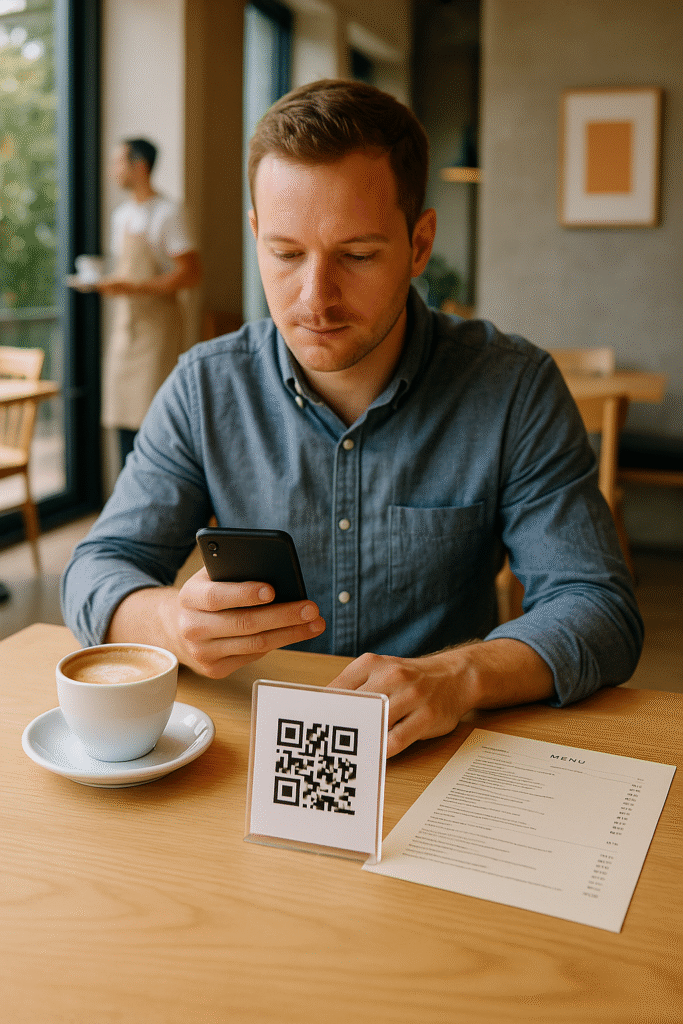 A man sitting at a modern café table scans a QR code with his smartphone. A cup of coffee and a menu are on the table. The image illustrates the use of QR codes in restaurants and cafés.