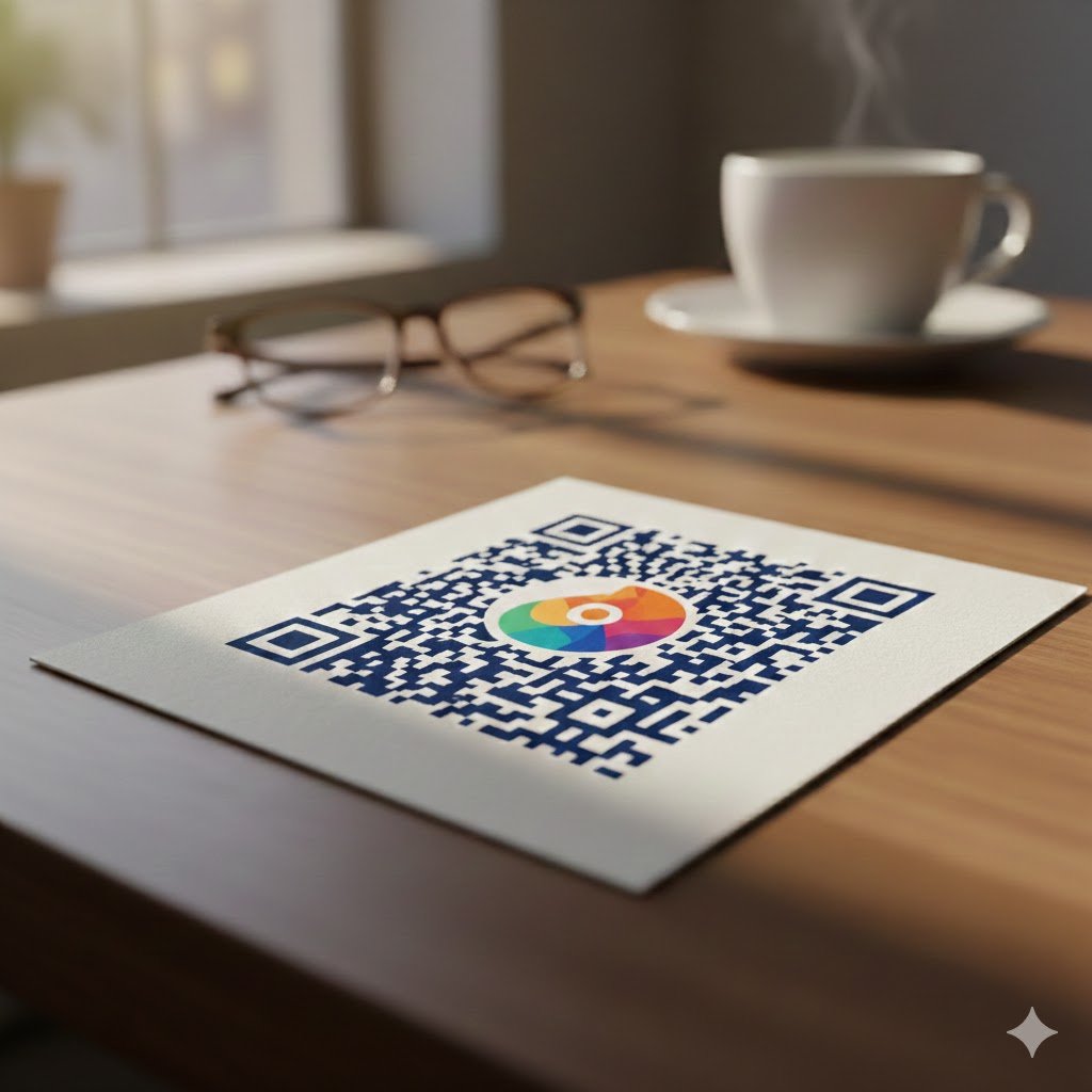 Ein hochwertiger QR-Code auf einer weißen Karte auf einem Holztisch, mit einem farbenfrohen zentralen Logo und einem gemütlichen Café-Hintergrund.
